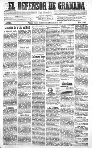'El Defensor de Granada  : diario político independiente' - Año XX Número 10961 1ª ed. - 1899 Marzo 29
