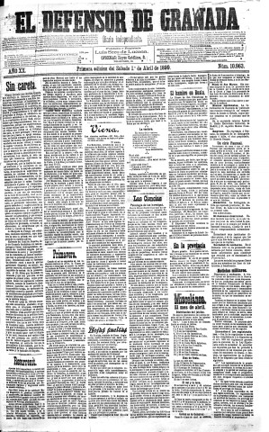 'El Defensor de Granada  : diario político independiente' - Año XX Número 10963 1ª ed. - 1899 Abril 01