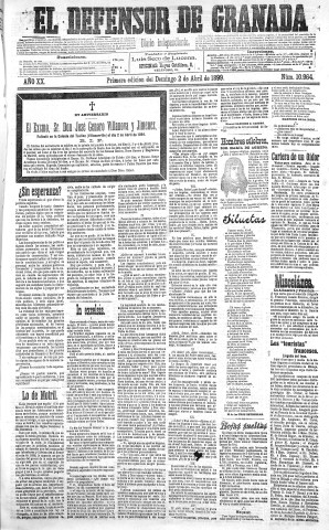 'El Defensor de Granada  : diario político independiente' - Año XX Número 10964 1ª ed. - 1899 Abril 02
