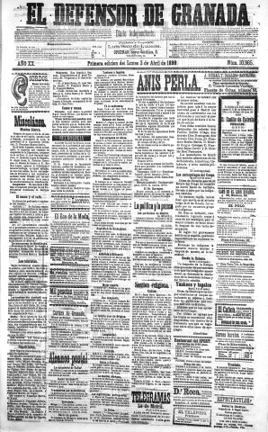 'El Defensor de Granada  : diario político independiente' - Año XX Número 10965 1ª ed. - 1899 Abril 03