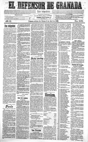 'El Defensor de Granada  : diario político independiente' - Año XX Número 10970 1ª ed. - 1899 Abril 08