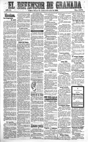 'El Defensor de Granada  : diario político independiente' - Año XX Número 10972 1ª ed. - 1899 Abril 10
