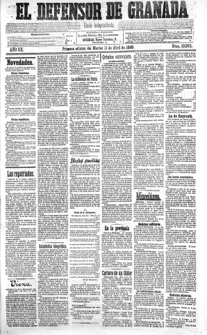 'El Defensor de Granada  : diario político independiente' - Año XX Número 10973 1ª ed. - 1899 Abril 11