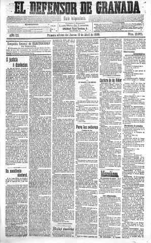 'El Defensor de Granada  : diario político independiente' - Año XX Número 10975 1ª ed. - 1899 Abril 13