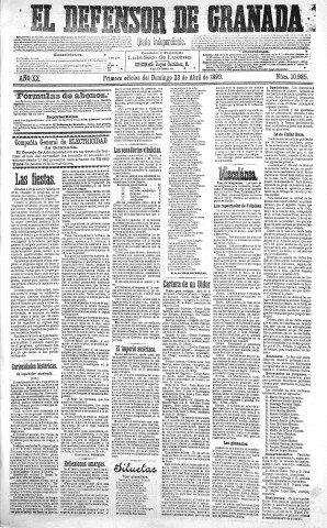 'El Defensor de Granada  : diario político independiente' - Año XX Número 10985 1ª ed. - 1899 Abril 23