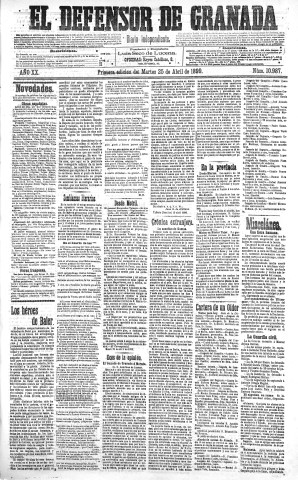 'El Defensor de Granada  : diario político independiente' - Año XX Número 10987 1ª ed. - 1899 Abril 25
