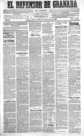'El Defensor de Granada  : diario político independiente' - Año XX Número 10988 1ª ed. - 1899 Abril 26
