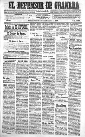 'El Defensor de Granada  : diario político independiente' - Año XX Número 10991 1ª ed. - 1899 Abril 29