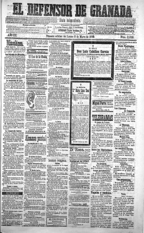 'El Defensor de Granada  : diario político independiente' - Año XX Número 11000 1ª ed. - 1899 Mayo 08