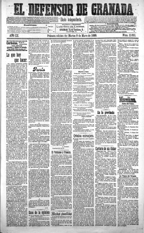 'El Defensor de Granada  : diario político independiente' - Año XX Número 11001 1ª ed. - 1899 Mayo 09