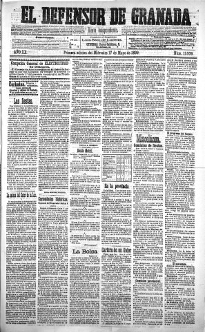 'El Defensor de Granada  : diario político independiente' - Año XX Número 11009 1ª ed. - 1899 Mayo 17