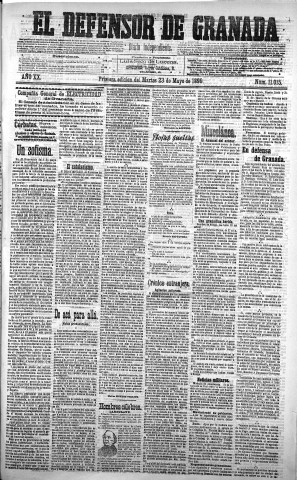 'El Defensor de Granada  : diario político independiente' - Año XX Número 11015 1ª ed. - 1899 Mayo 23