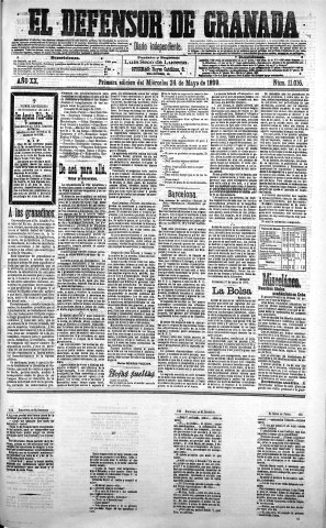 'El Defensor de Granada  : diario político independiente' - Año XX Número 11016 1ª ed. - 1899 Mayo 24