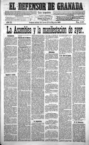 'El Defensor de Granada  : diario político independiente' - Año XX Número 11017 1ª ed. - 1899 Mayo 25