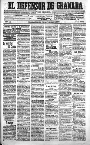 'El Defensor de Granada  : diario político independiente' - Año XX Número 11024 1ª ed. - 1899 Junio 01