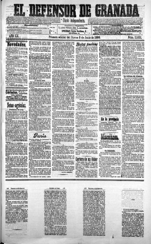 'El Defensor de Granada  : diario político independiente' - Año XX Número 11031 1ª ed. - 1899 Junio 08