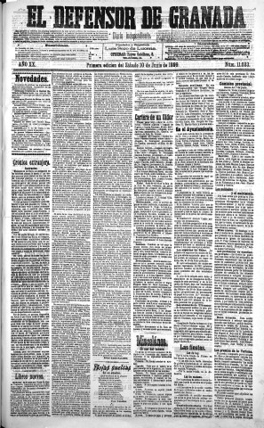 'El Defensor de Granada  : diario político independiente' - Año XX Número 11033 1ª ed. - 1899 Junio 10