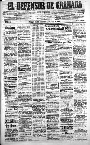 'El Defensor de Granada  : diario político independiente' - Año XX Número 11035 1ª ed. - 1899 Junio 12