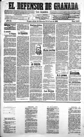 'El Defensor de Granada  : diario político independiente' - Año XX Número 11037 1ª ed. - 1899 Junio 14