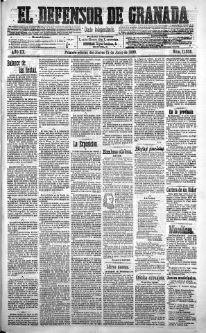 'El Defensor de Granada  : diario político independiente' - Año XX Número 11038 1ª ed. - 1899 Junio 15