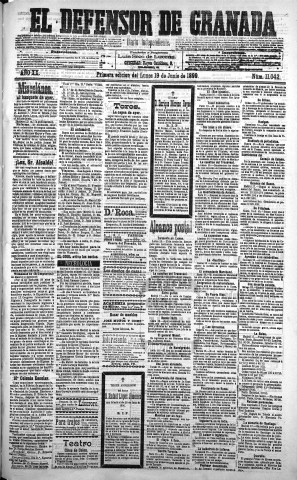 'El Defensor de Granada  : diario político independiente' - Año XX Número 11042 1ª ed. - 1899 Junio 19