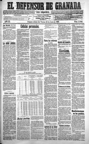'El Defensor de Granada  : diario político independiente' - Año XX Número 11046 1ª ed. - 1899 Junio 23