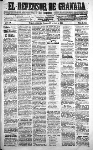 'El Defensor de Granada  : diario político independiente' - Año XX Número 11048 1ª ed. - 1899 Junio 25