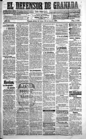 'El Defensor de Granada  : diario político independiente' - Año XX Número 11049 1ª ed. - 1899 Junio 26