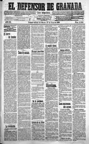 'El Defensor de Granada  : diario político independiente' - Año XX Número 11050 1ª ed. - 1899 Junio 27
