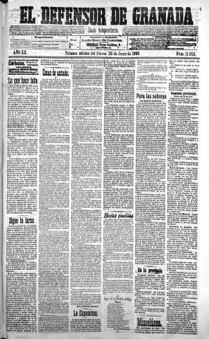 'El Defensor de Granada  : diario político independiente' - Año XX Número 11052 1ª ed. - 1899 Junio 29