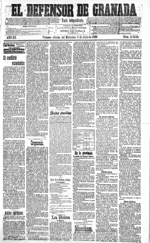 'El Defensor de Granada  : diario político independiente' - Año XX Número 11538 1ª ed. - 1899 Julio 05