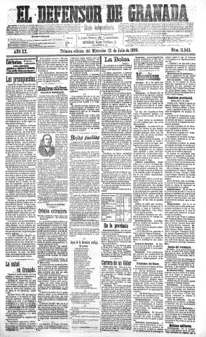 'El Defensor de Granada  : diario político independiente' - Año XX Número 11543 1ª ed. - 1899 Julio 12