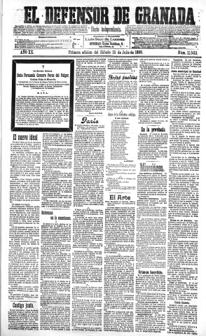 'El Defensor de Granada  : diario político independiente' - Año XX Número 11543 1ª ed. - 1899 Julio 15