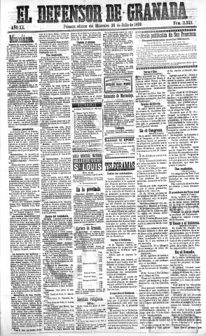 'El Defensor de Granada  : diario político independiente' - Año XX Número 11553 1ª ed. - 1899 Julio 26