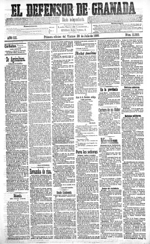'El Defensor de Granada  : diario político independiente' - Año XX Número 11555 1ª ed. - 1899 Julio 28