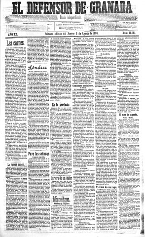 'El Defensor de Granada  : diario político independiente' - Año XX Número 11561 1ª ed. - 1899 Agosto 03