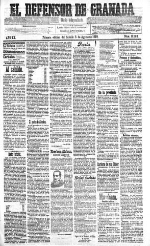 'El Defensor de Granada  : diario político independiente' - Año XX Número 11563 1ª ed. - 1899 Agosto 05
