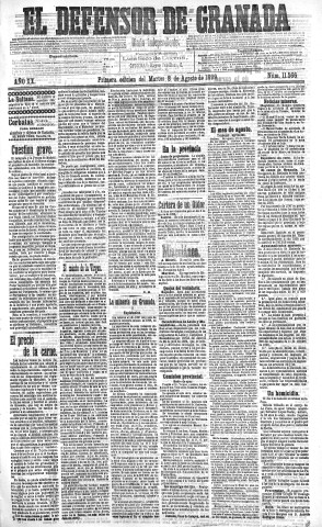 'El Defensor de Granada  : diario político independiente' - Año XX Número 11566 1ª ed. - 1899 Agosto 08