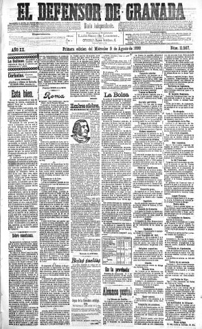 'El Defensor de Granada  : diario político independiente' - Año XX Número 11567 1ª ed. - 1899 Agosto 09