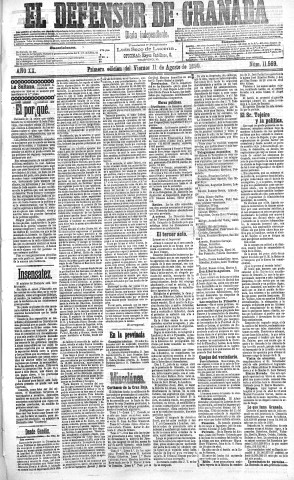 'El Defensor de Granada  : diario político independiente' - Año XX Número 11569 1ª ed. - 1899 Agosto 11
