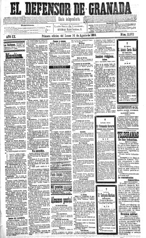 'El Defensor de Granada  : diario político independiente' - Año XX Número 11572 1ª ed. - 1899 Agosto 14