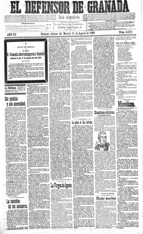 'El Defensor de Granada  : diario político independiente' - Año XX Número 11573 1ª ed. - 1899 Agosto 15