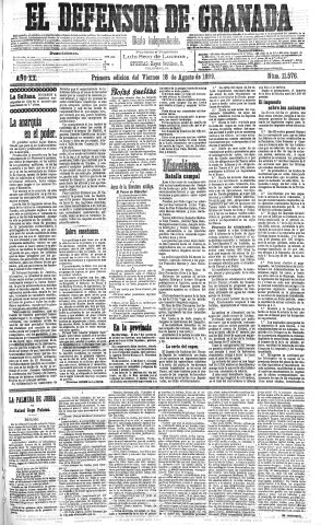 'El Defensor de Granada  : diario político independiente' - Año XX Número 11576 1ª ed. - 1899 Agosto 18