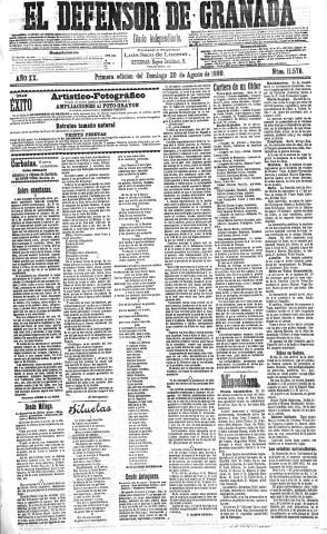 'El Defensor de Granada  : diario político independiente' - Año XX Número 11578 1ª ed. - 1899 Agosto 20