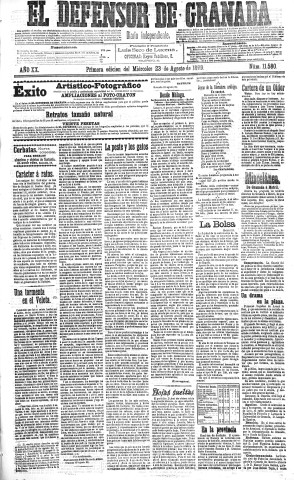 'El Defensor de Granada  : diario político independiente' - Año XX Número 11580 1ª ed. - 1899 Agosto 23