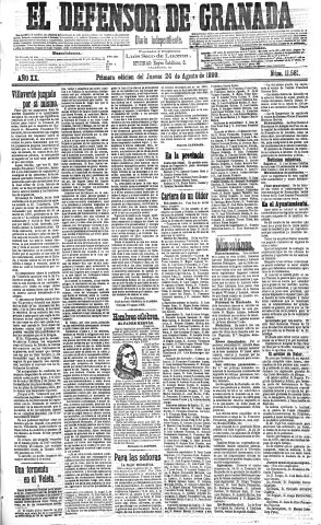 'El Defensor de Granada  : diario político independiente' - Año XX Número 11581 1ª ed. - 1899 Agosto 24