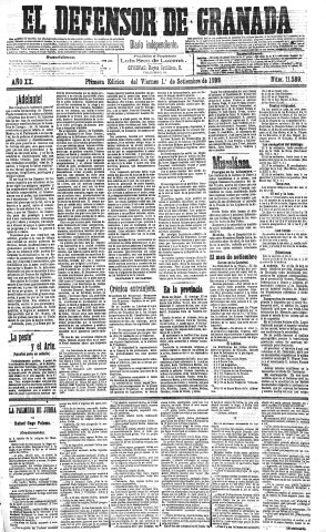 'El Defensor de Granada  : diario político independiente' - Año XX Número 11589 1ª ed. - 1899 Septiembre 01
