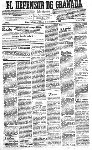'El Defensor de Granada  : diario político independiente' - Año XX Número 11590 1ª ed. - 1899 Septiembre 02