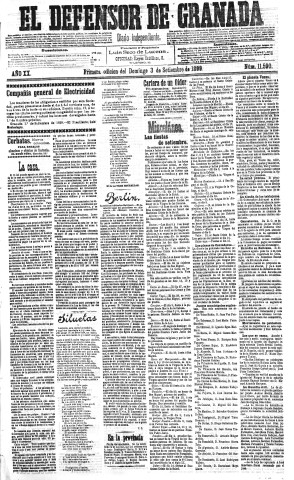 'El Defensor de Granada  : diario político independiente' - Año XX Número 11590 1ª ed. - 1899 Septiembre 03
