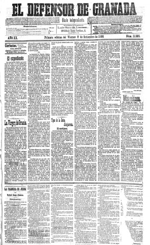 'El Defensor de Granada  : diario político independiente' - Año XX Número 11595 1ª ed. - 1899 Septiembre 08
